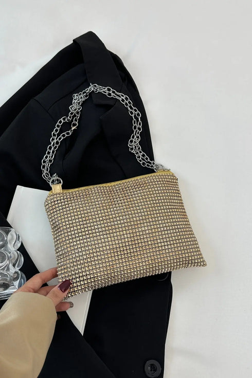 'Aya' Metal Chain Rhinestone Crossbody Bag - Celes Fashion
